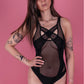 Geometric black color block bodysuit, transparent sheer mesh bodysuit, club look, high crotch, open front, harness set