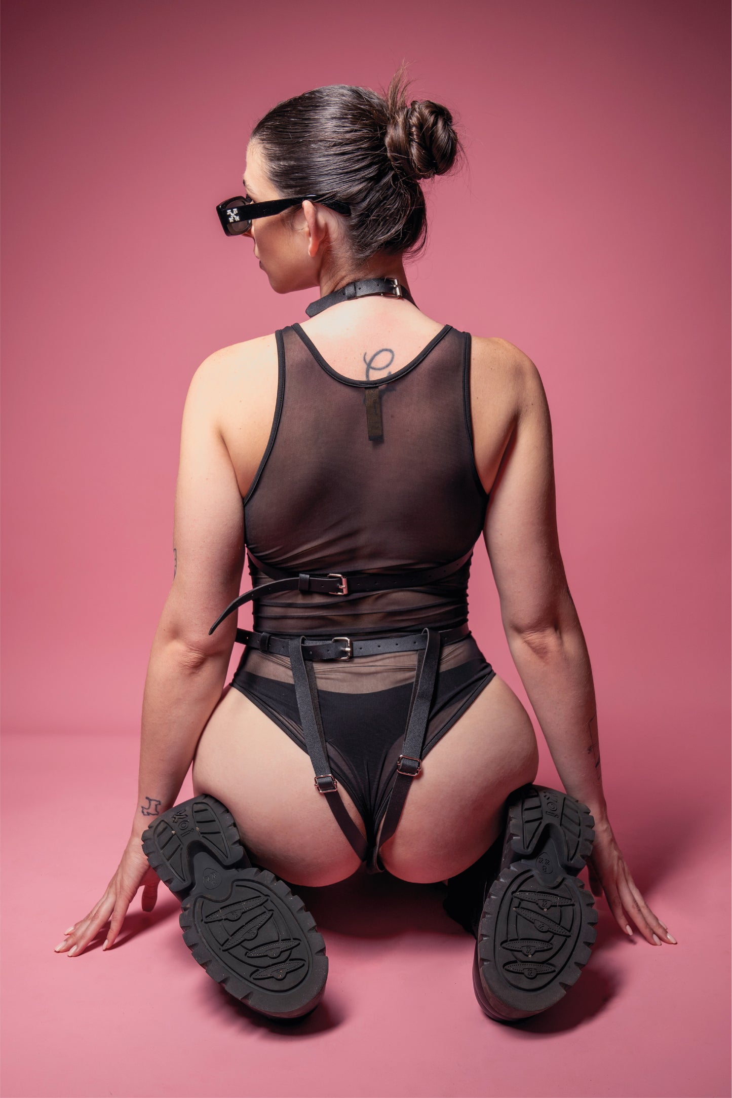 Geometric black color block bodysuit, transparent sheer mesh bodysuit, club look, high crotch, open front, harness set