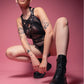 Geometric black color block bodysuit, transparent sheer mesh bodysuit, club look, high crotch, open front, harness set