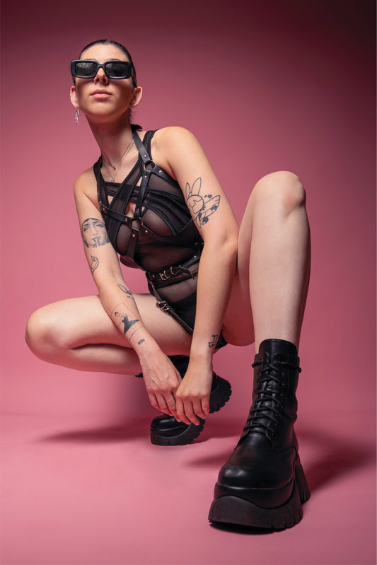 Geometric black color block bodysuit, transparent sheer mesh bodysuit, club look, high crotch, open front, harness set
