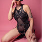 Geometric black color block bodysuit, transparent sheer mesh bodysuit, club look, high crotch, open front, harness set