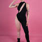 Black one leg overall, sexy front cutout, stretchy turtleneck cat suit  