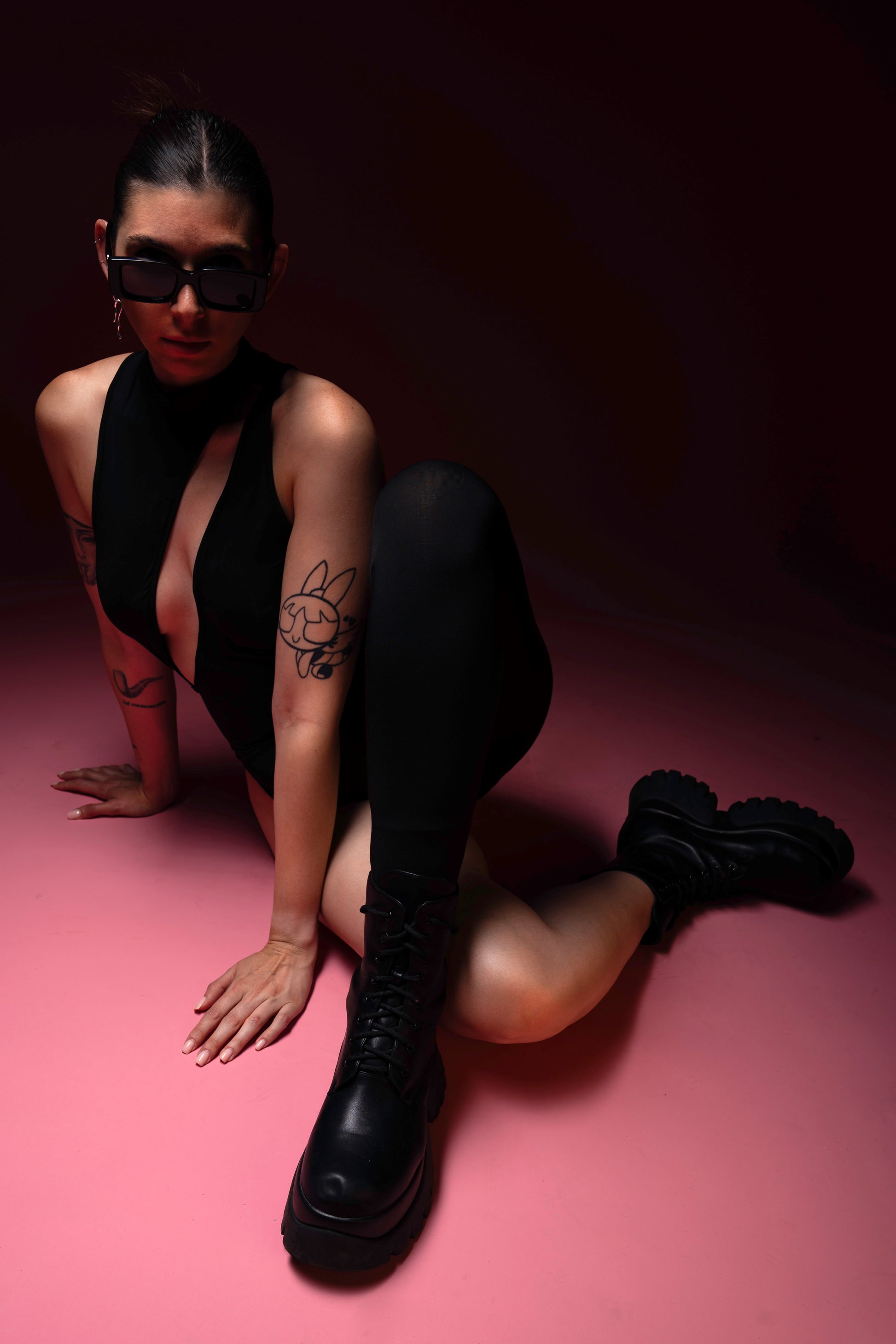 Black one leg overall, sexy front cutout, stretchy turtleneck cat suit