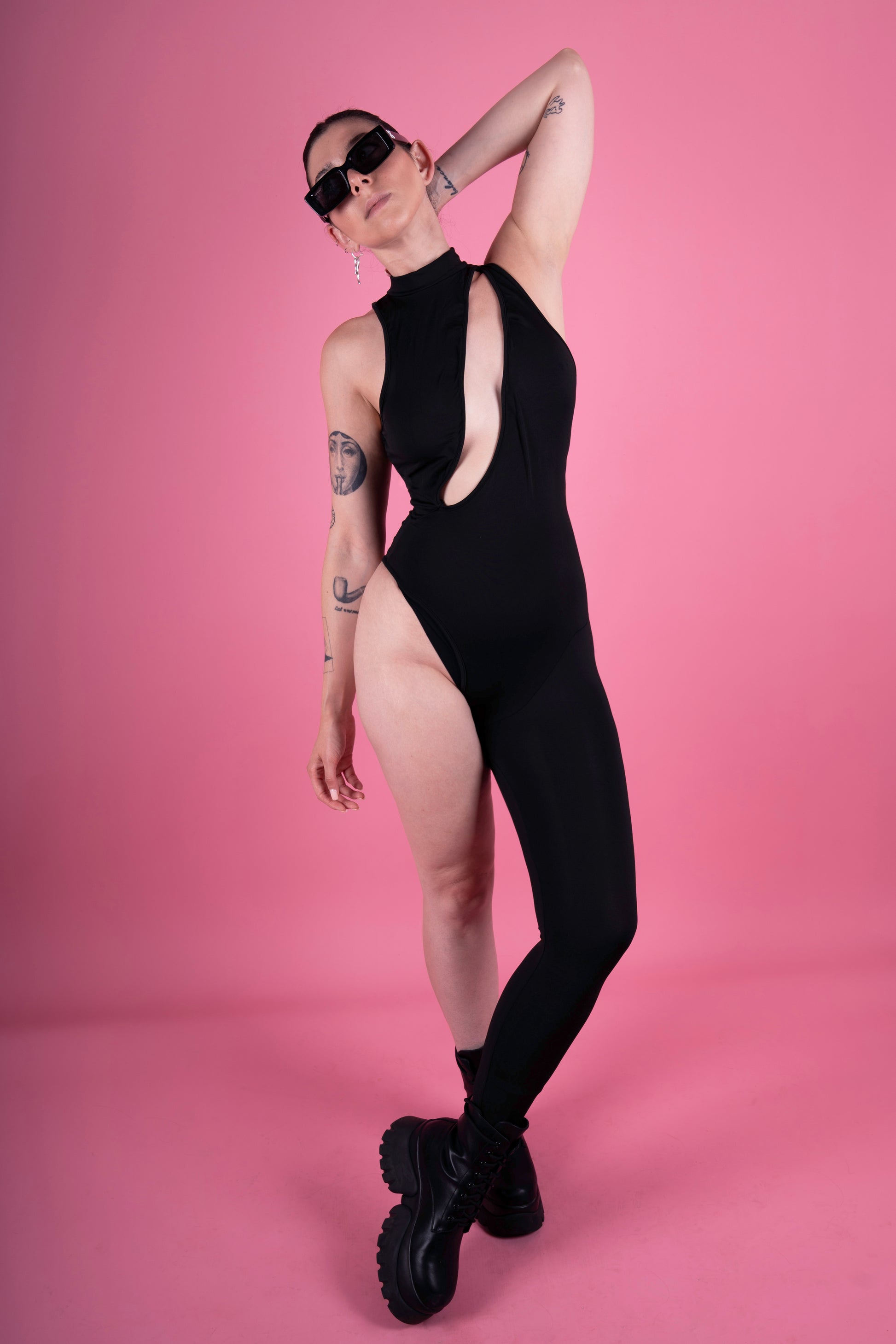 Black one leg overall, sexy front cutout, stretchy turtleneck cat suit 