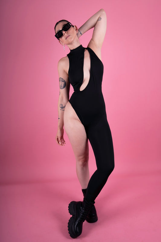 Black one leg overall, sexy front cutout, stretchy turtleneck cat suit 