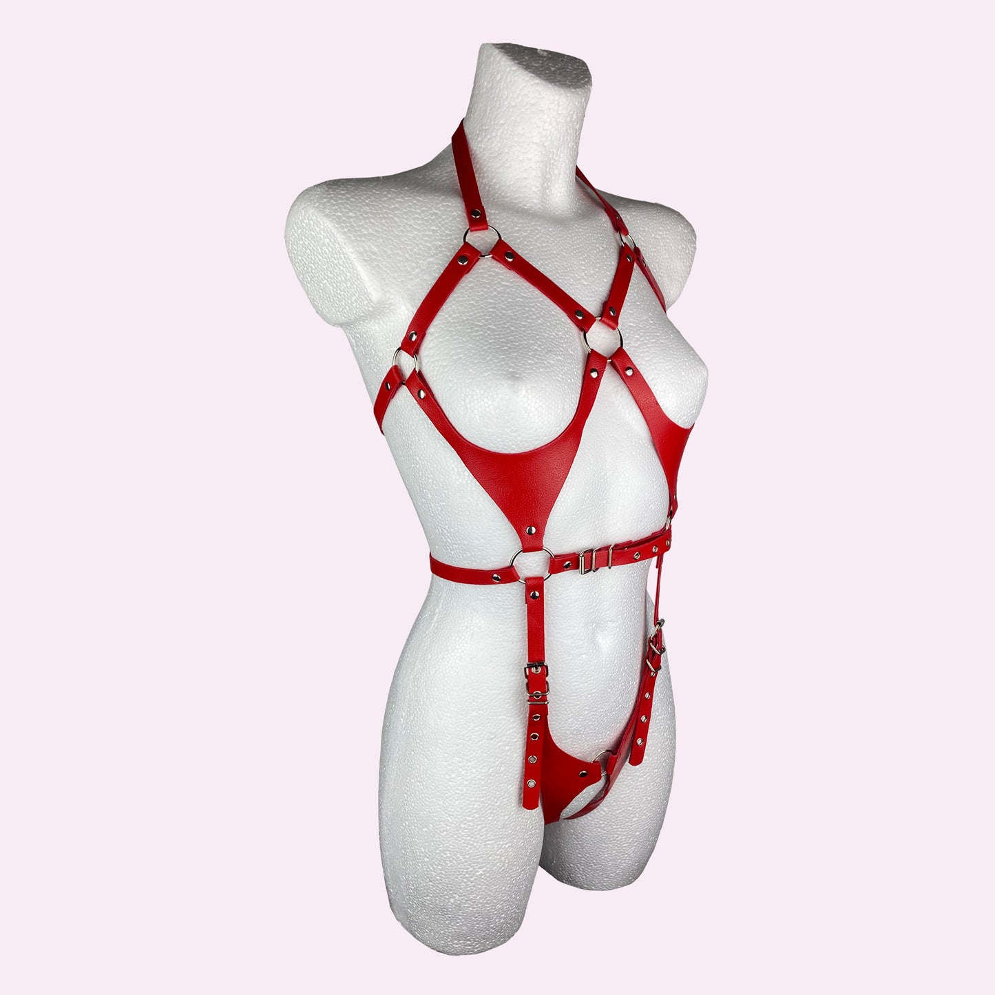 Faux leather red full body harness, sexy look, fetish, bondage, kink 