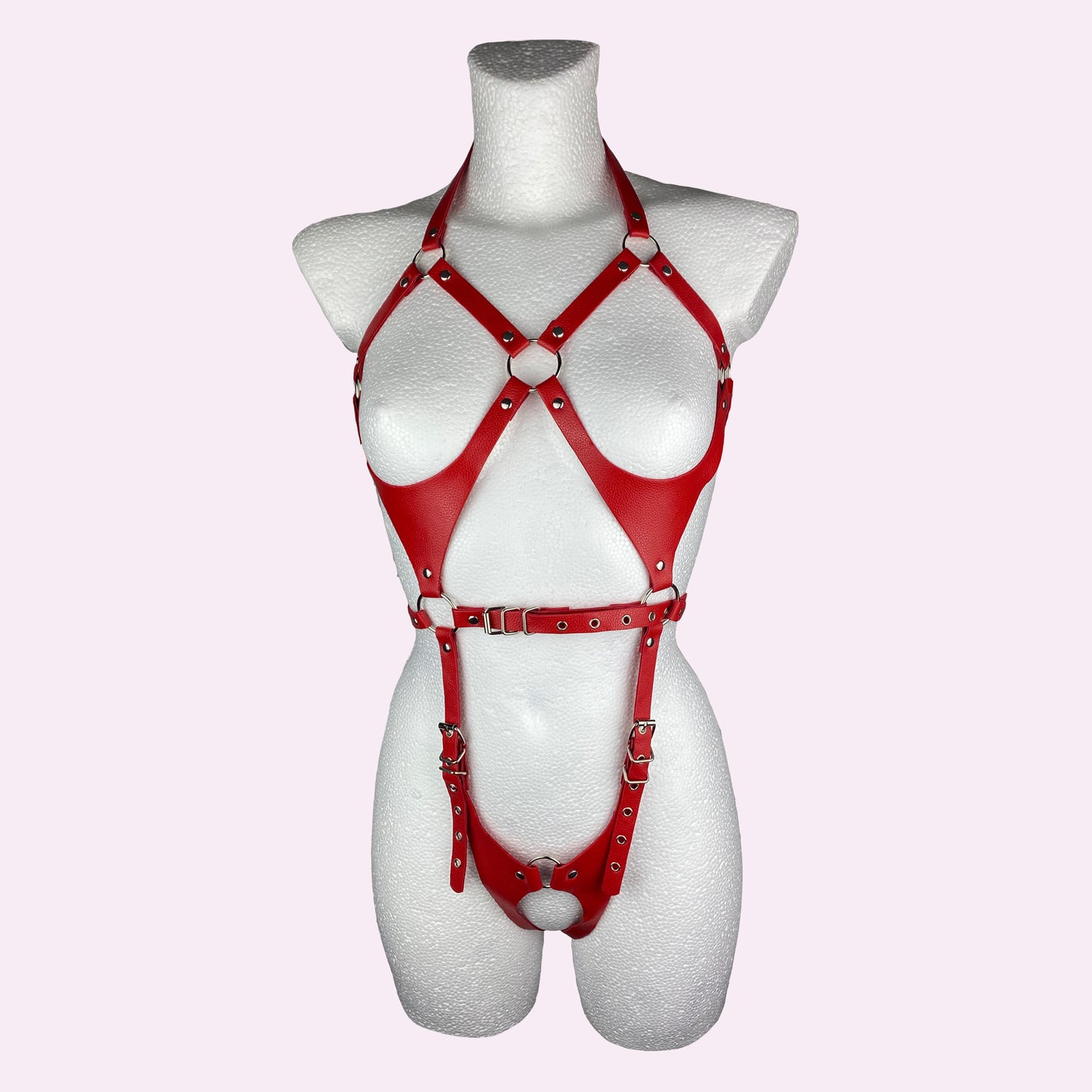 Faux leather red full body harness, sexy look, fetish, bondage, kink 