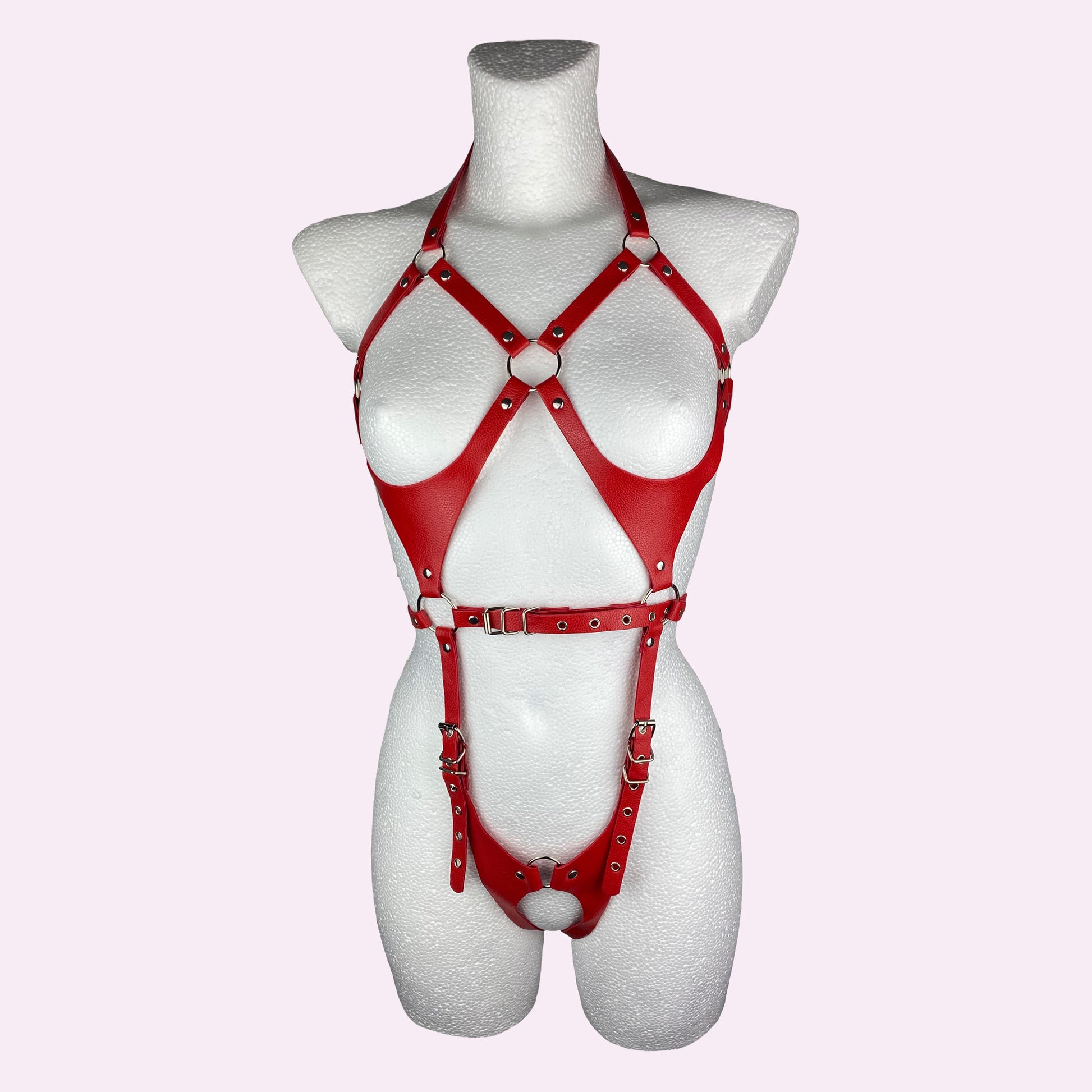 Faux leather red full body harness, sexy look, fetish, bondage, kink 