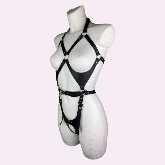 Faux leather black full body harness, sexy look, fetish, bondage, kink 