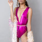 Pink metallic deep v rave bodysuit