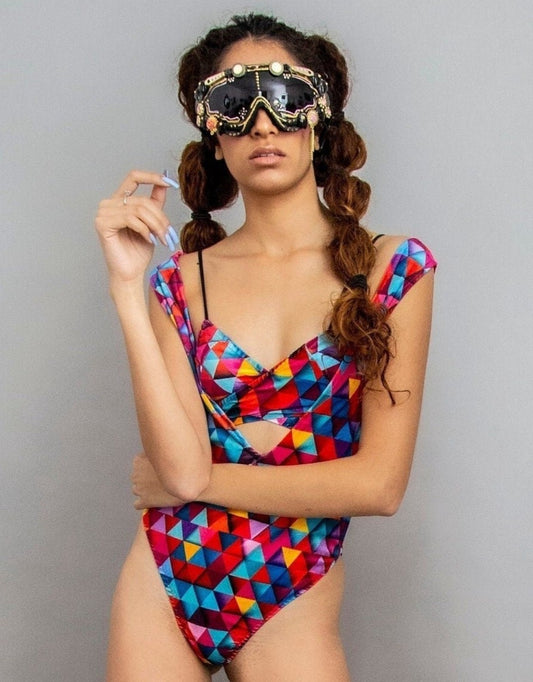 Geometric printed rave bodysuit