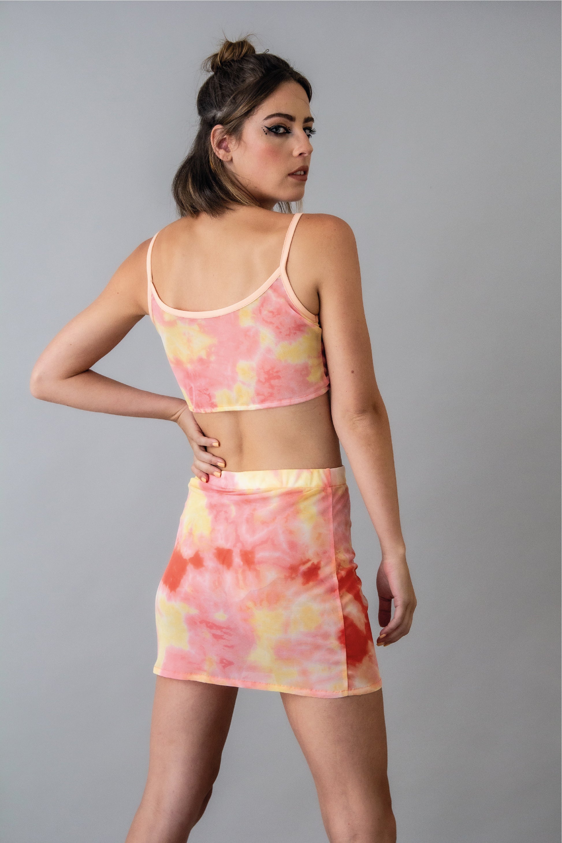 Pink tie dye mesh skirt rave set