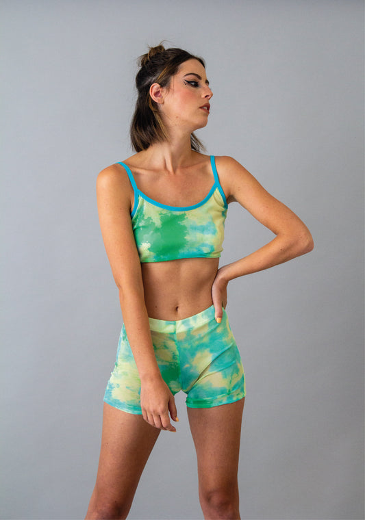 Green tie dye mesh shorts rave set