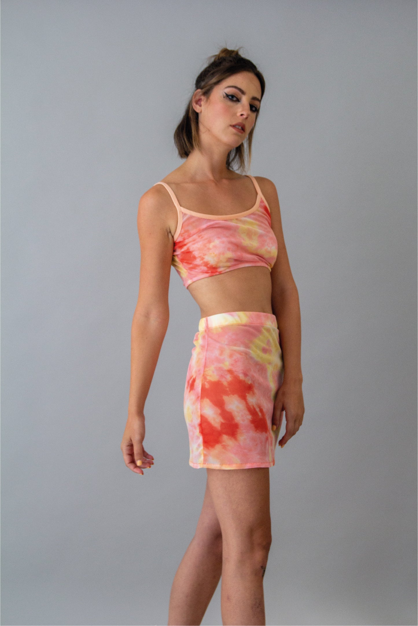Pink tie dye mesh skirt rave set