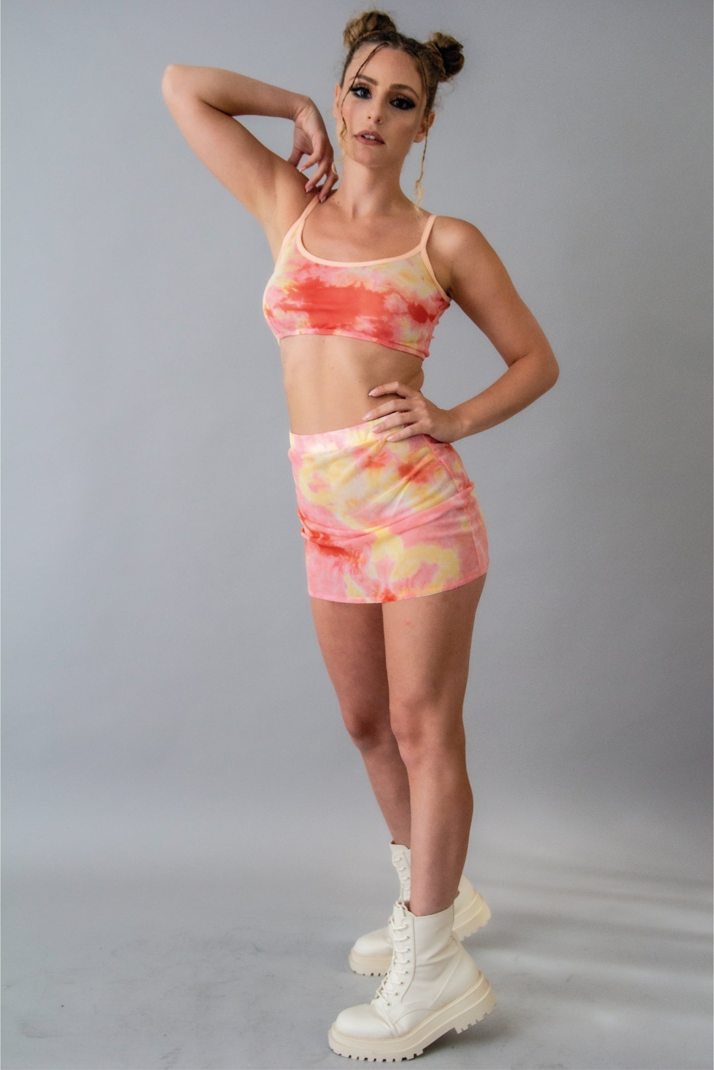Pink tie dye mesh skirt rave set