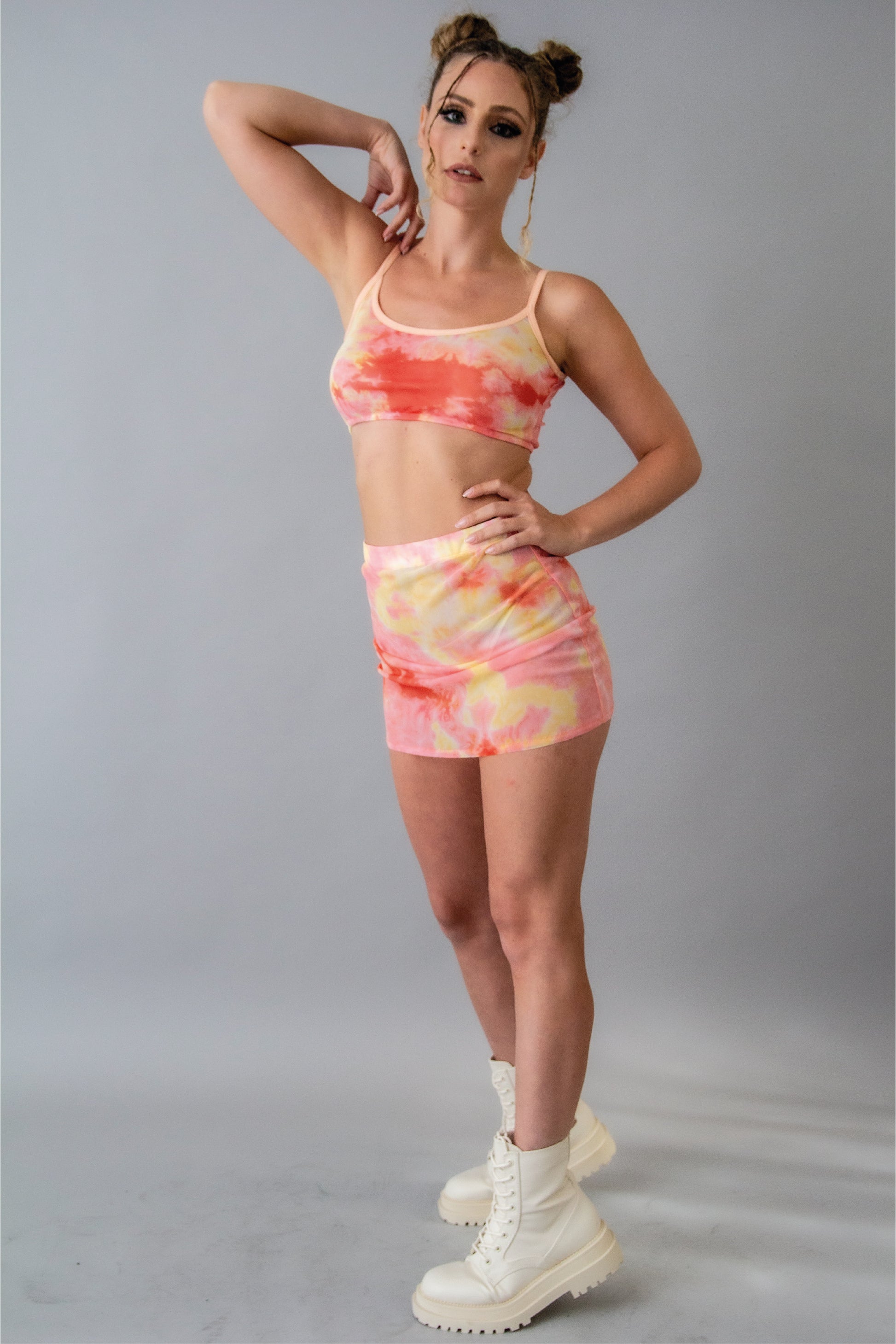 Pink tie dye mesh skirt rave set