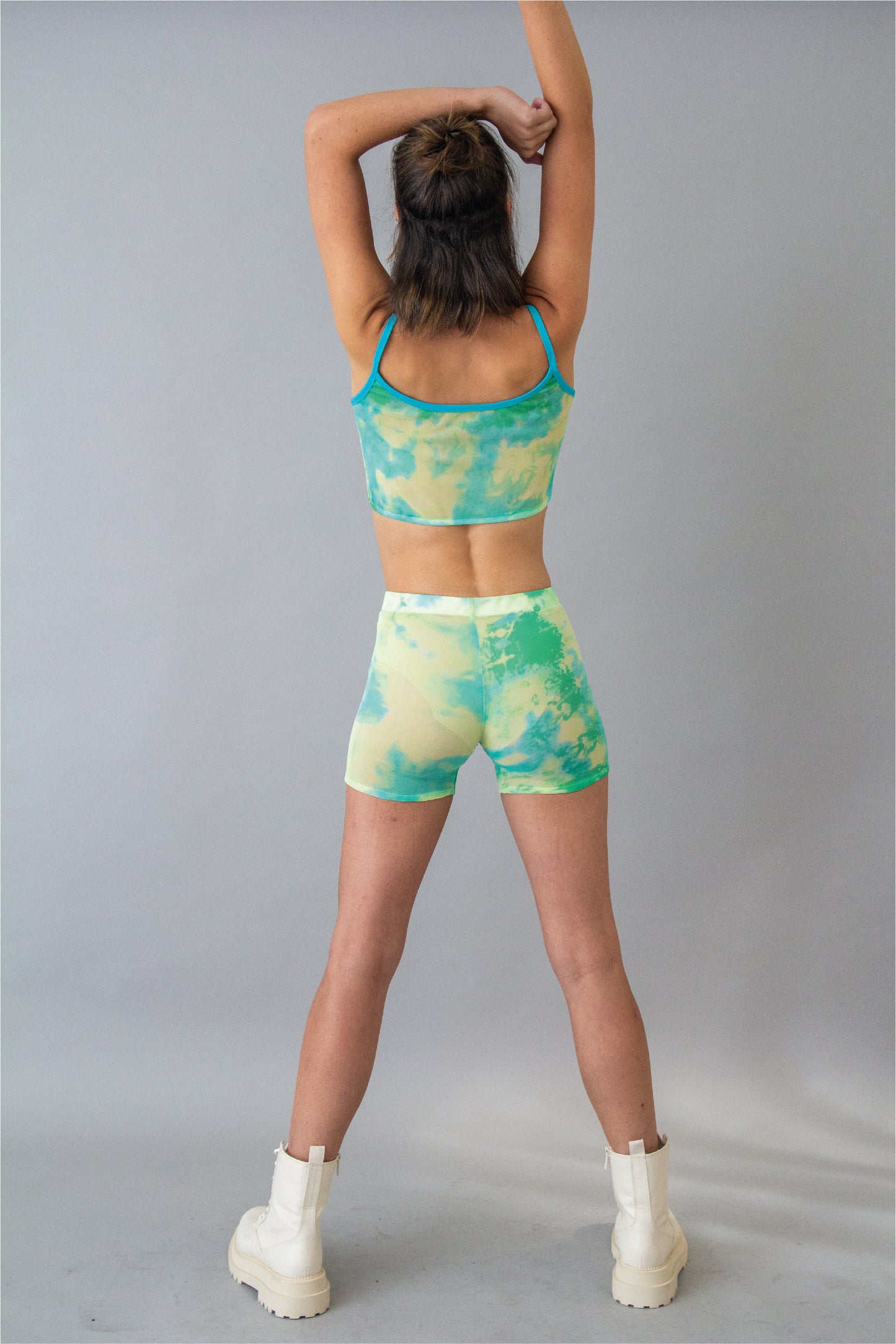 Green tie dye mesh shorts rave set