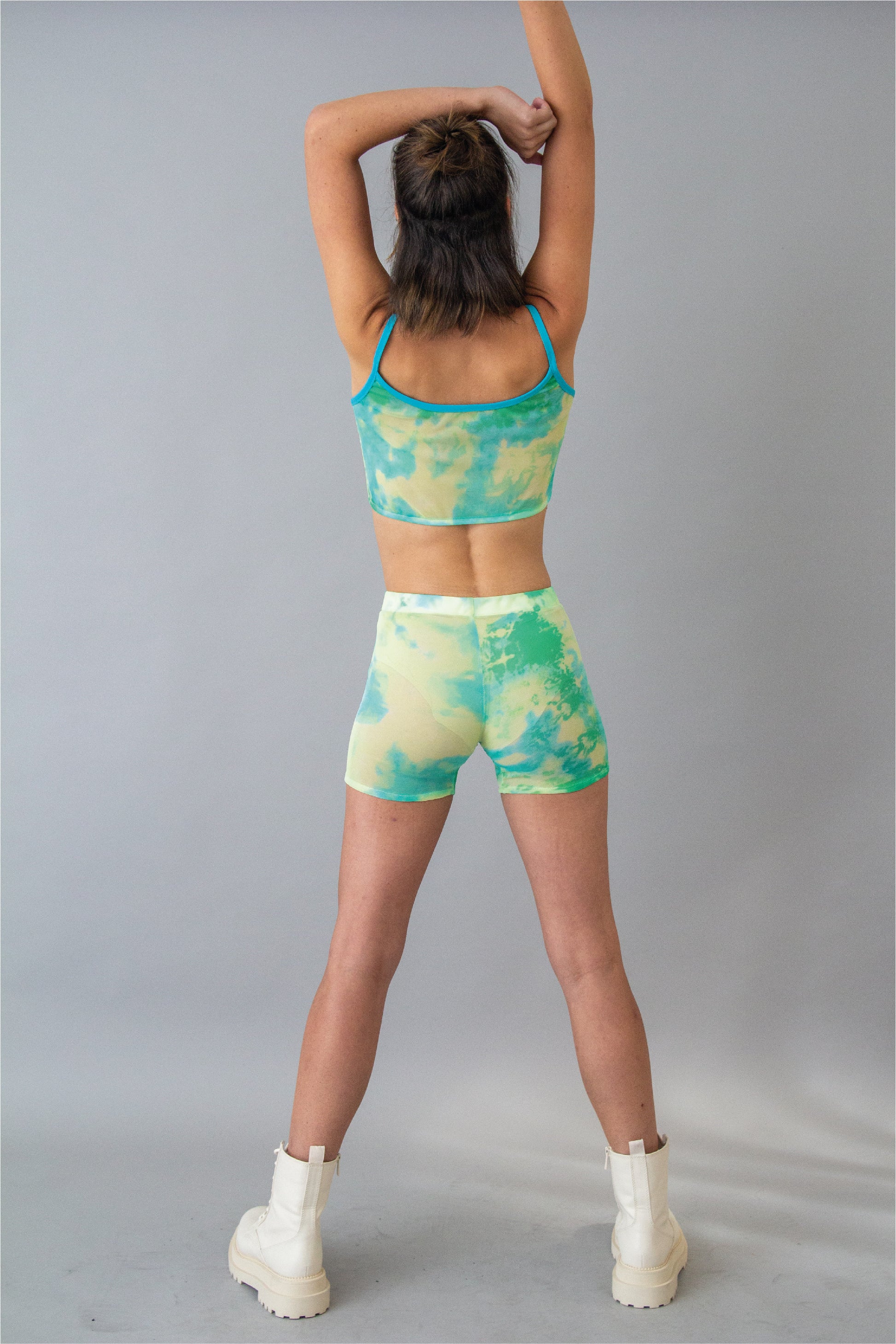 Green tie dye mesh shorts rave set